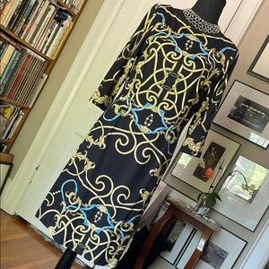 J. McLaughlin Gold and Blue Embellished Mid-Sleeve Midi Dress